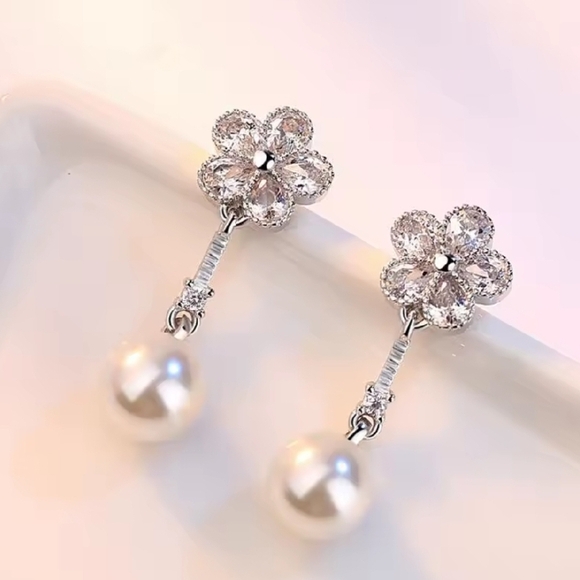 Sterling Silver Flower Pearl Drop Earrings - Picture 3 of 3